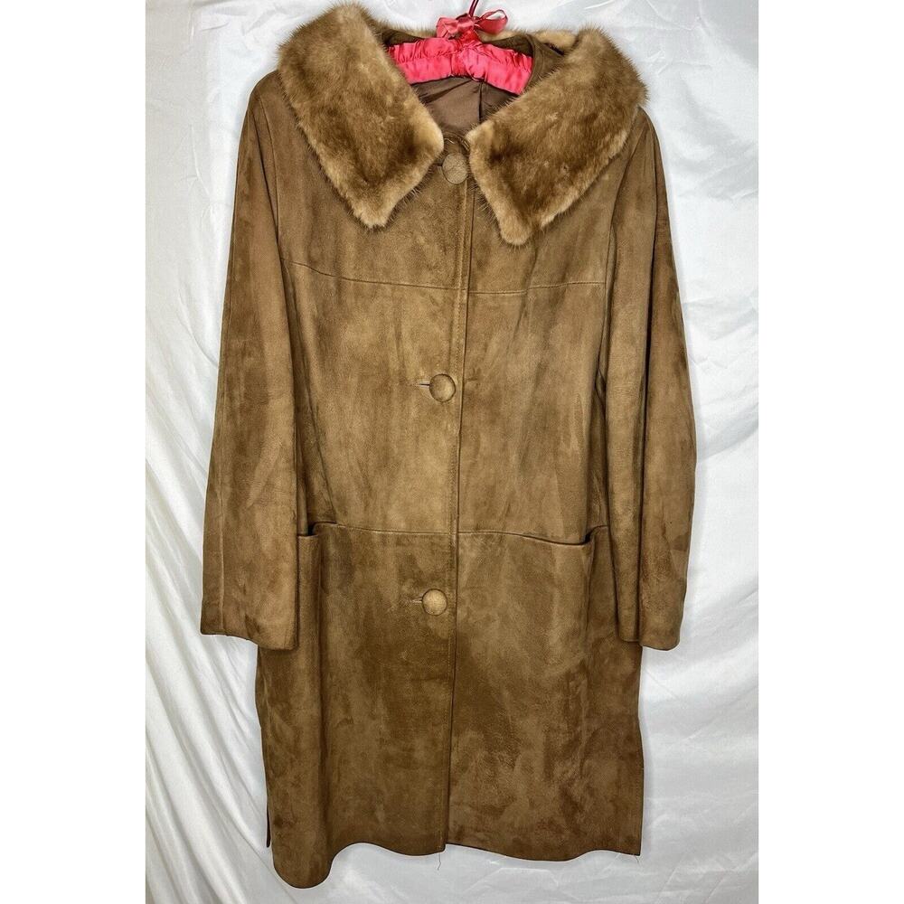 Brown Suede Coat Mink Collar 3 Button Closure Lined Pockets Size S-M Vintage 60s